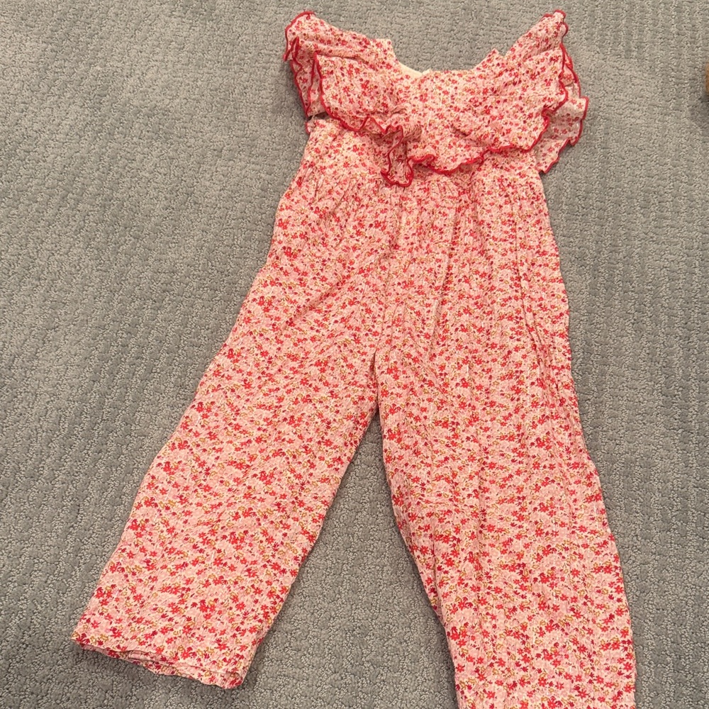 Pink Chicken Floral Ruffle Jumpsuit - Pink and White
